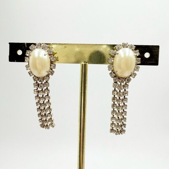 Vintage Faux Pearls Crystal RhinestonesDangle Earrings - Picture 3 of 6